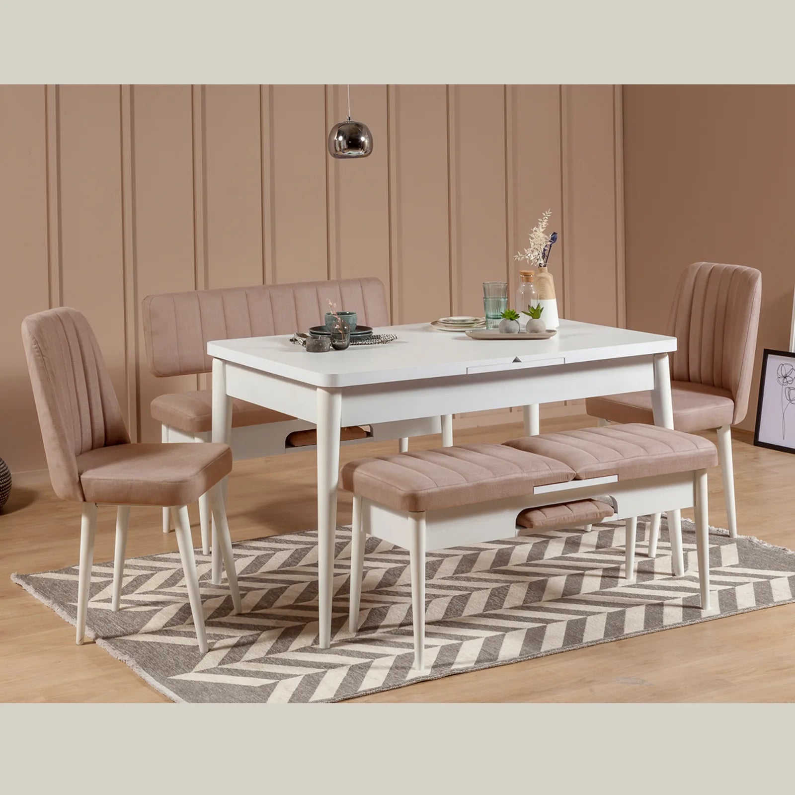 Sembol Açılır Masa Takımı Beyaz Taş 70x110 (1 Masa + 1 Bank + 1 Bench + 2 Sandalye), görsel 2