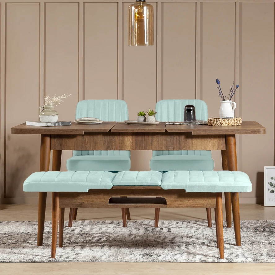 Sembol Açılır Masa Takımı Ceviz Fıstık Yeşili 70x110 (1 Masa + 1 Bench + 2 Sandalye), görsel 2