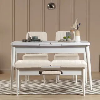 Sembol Açılır Masa Takımı Beyaz Krem 70x110 (1 Masa + 1 Bench + 2 Sandalye)