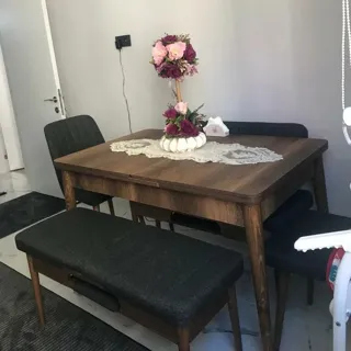 Sembol Açılır Masa Takımı Ceviz Taş (1 Masa + 1 Bank + 1 Bench + 2 Sandalye), müşteri fotoğrafı 24