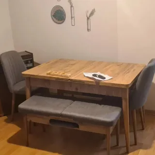 Sembol Açılır Masa Takımı Ceviz Krem (1 Masa + 1 Bench + 4 Sandalye), müşteri fotoğrafı 12